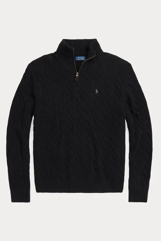 Polo Ralph Lauren Yarım Fermuarlı Dik Yaka Kaşmir Saç Örgü Yün Triko
