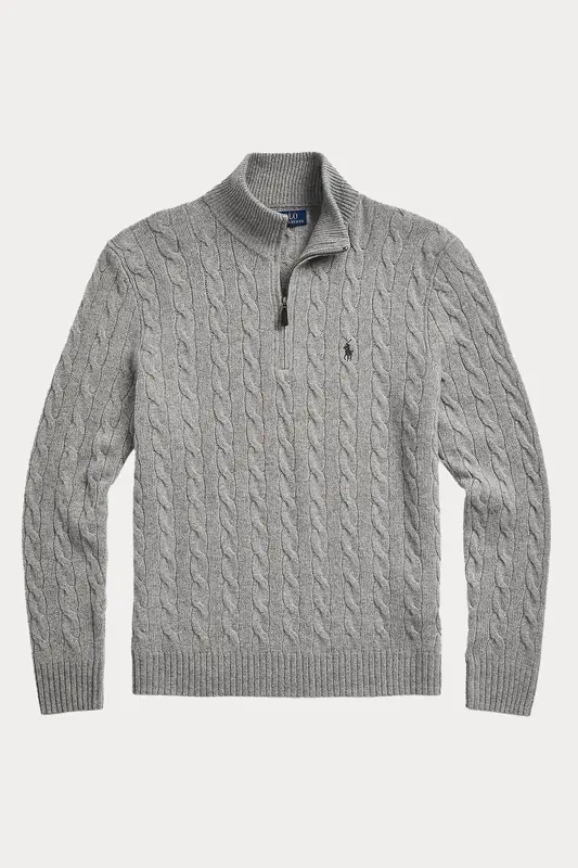 Polo Ralph Lauren Yarım Fermuarlı Dik Yaka Saç Örgü Kaşmir Yün Triko