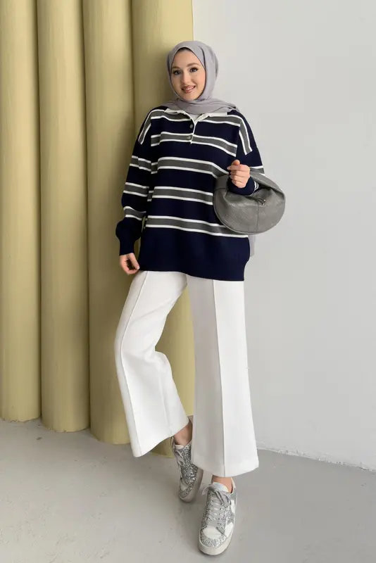 Polo Yaka Çizgili Tunik Lacivert