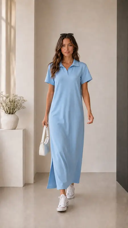 Polo Yaka Yırtmaçlı Maxi Yazlık Elbise