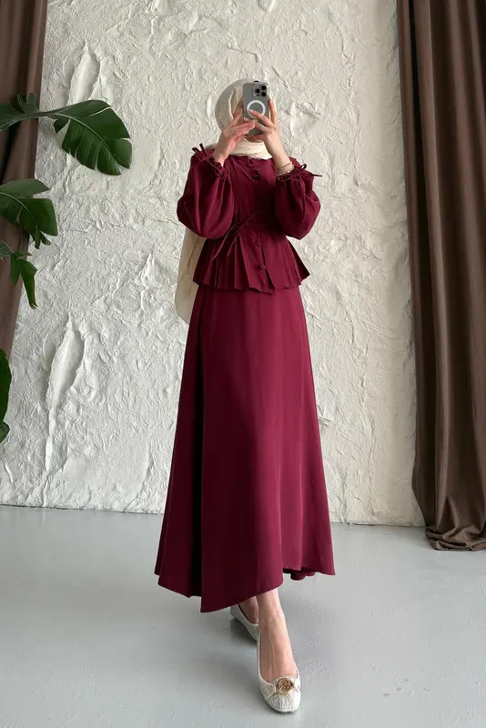 Polyana Düğmeli Takım Mürdüm