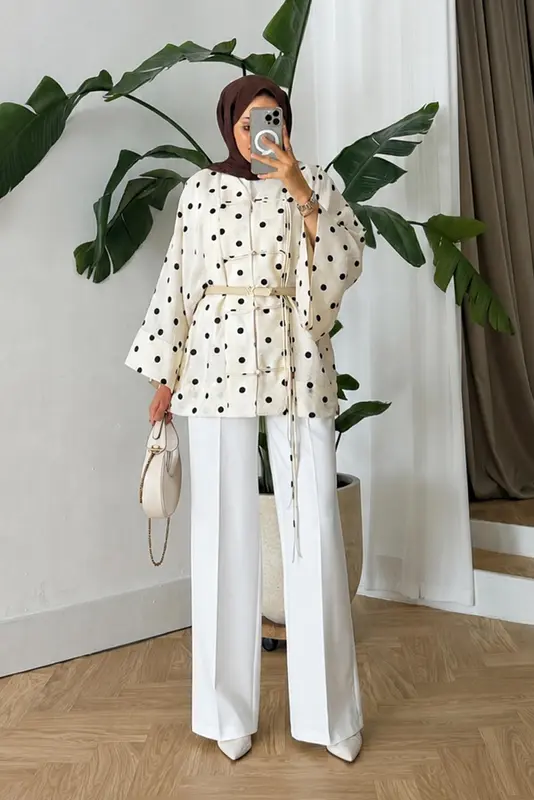 Puantiyeli Kimono Ceket Ekru