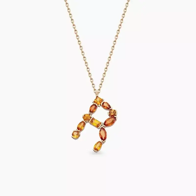 R Harf Orange Safir Taşlı Rose Altın Kolye