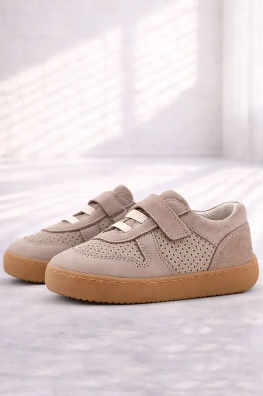 Rakerplus Bob Hakiki Deri Bej Barefoot Cırtlı Lastikli Bebek Sneaker Ayakkabı