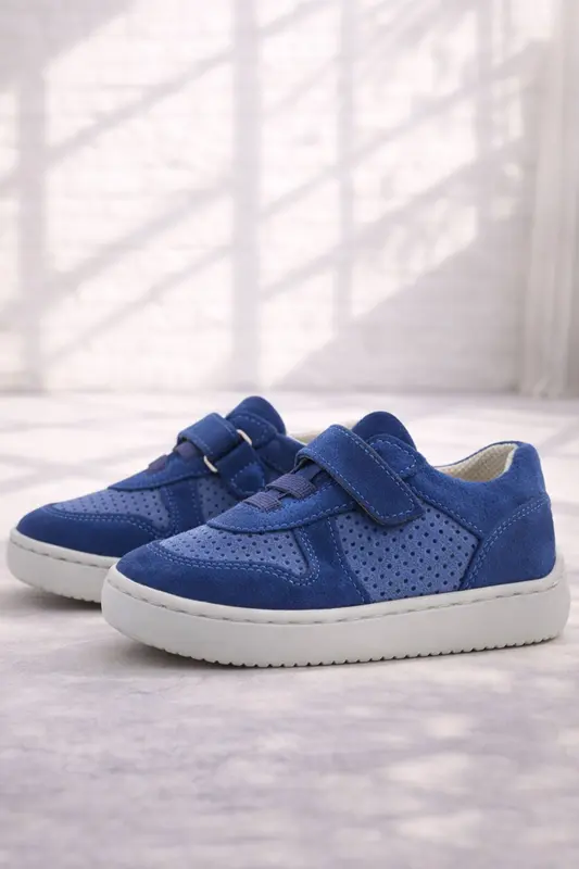 Rakerplus Bob Hakiki Deri Mavi Barefoot Cırtlı Lastikli Bebek Sneaker Ayakkabı