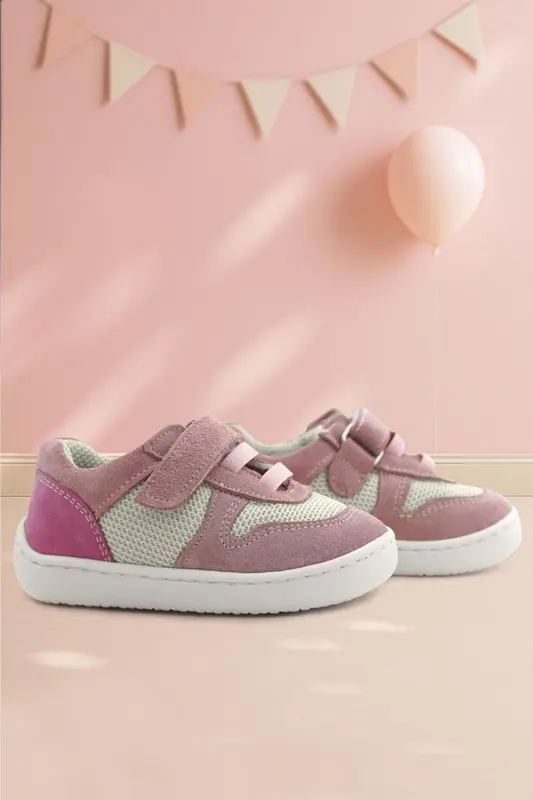 Rakerplus Bob Hakiki Deri Pudra Pembe Barefoot Cırtlı Lastikli Bebek Sneaker Ayakkabı