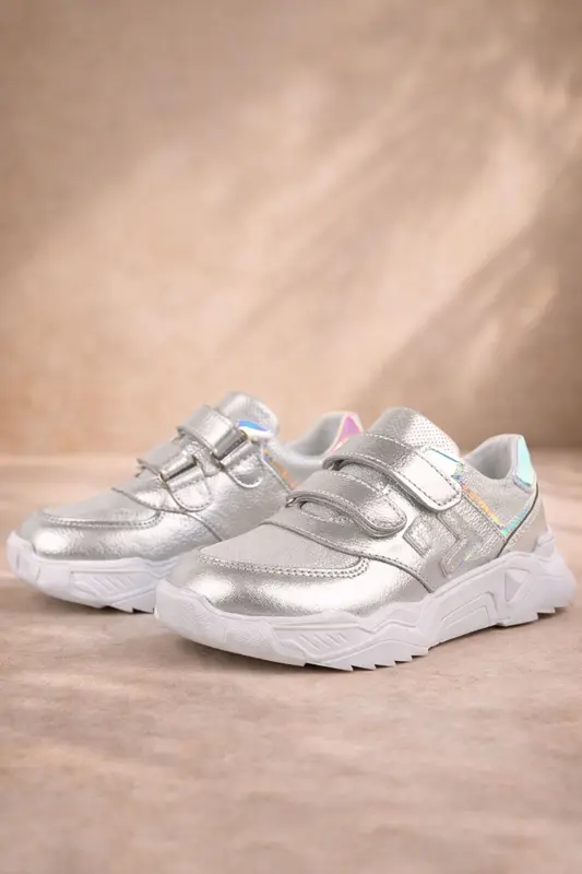 Rakerplus Hakiki Deri Gümüş Renl Cırtlı Kız Çocuk Sneaker Ayakkabı