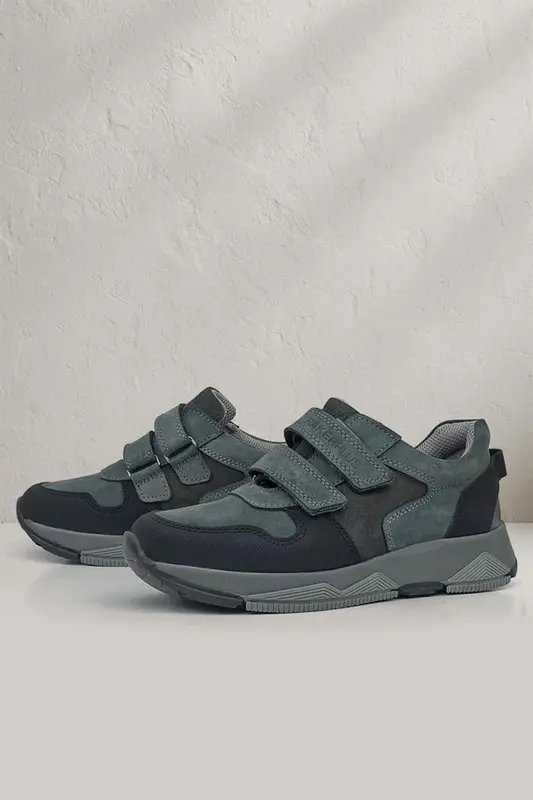 Rakerplus Hakiki Deri Koyu Gri Siyah Çocuk Cırtlı Sneakers Spor Ayakkabı