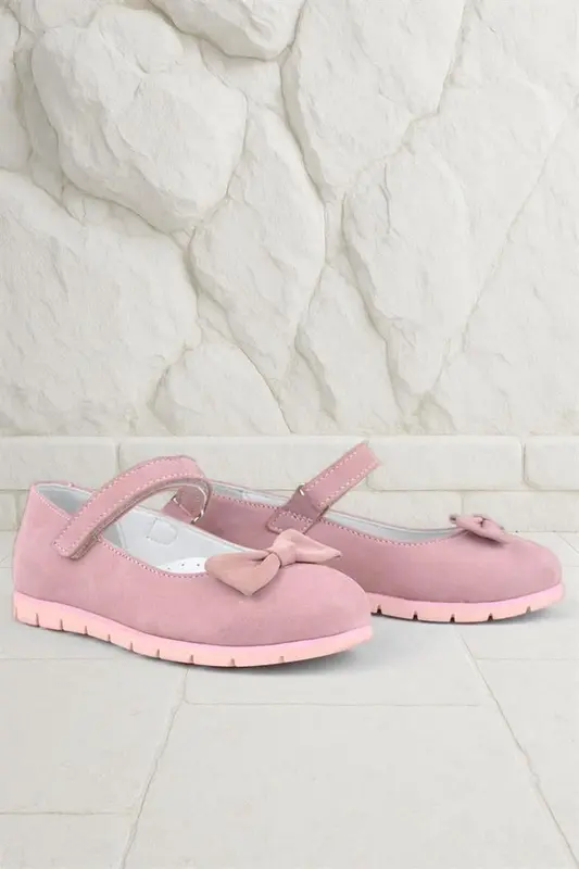 Rakerplus Hakiki Deri Pembe Fiyonklu Cırtlı Kız Çocuk Babet