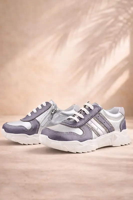Rakerplus Hakiki Deri Platin Pembe Parlak Taşlı Kız Çocuk Sneakers Ayakkabı