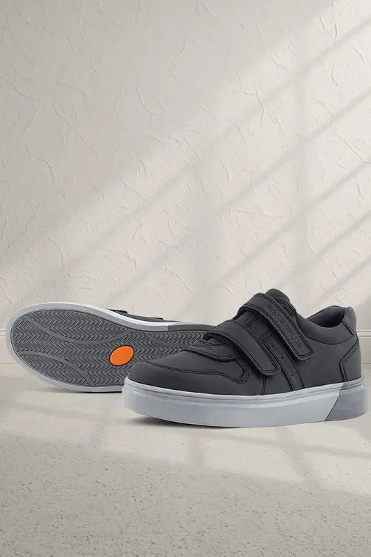 Rakerplus Hakiki Deri Siyah Cilt Gri Tabanlı Cırtlı Erkek Çocuk Sneaker