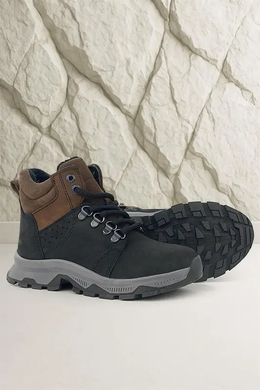 Rakerplus Hakiki Deri Siyah Kahverengi Fermuarlı Trekking Çocuk Bot