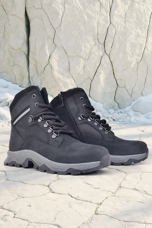 Rakerplus Hakiki Deri Siyah Süet Bağcıklı Fermuarlı Trekking Çocuk Bot