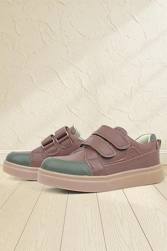 Rakerplus Kahverengi Yeşil Hakiki Deri Cırtlı Kız Çocuk Sneaker Ayakkabı