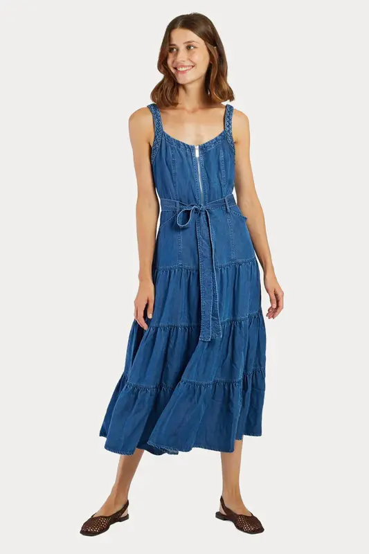 Rene Derhy Gilly Kemerli Denim Midi Elbise