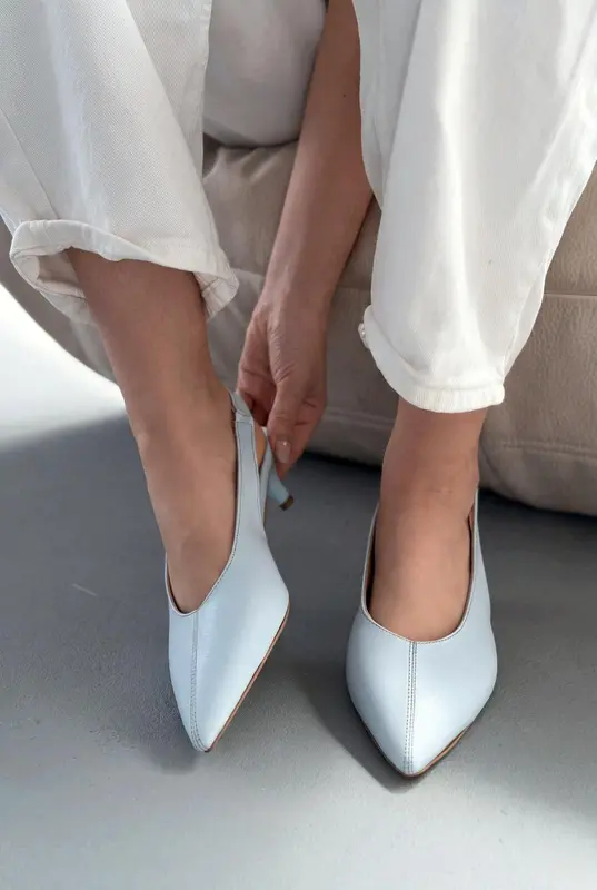 Selor Hakiki Deri Bebek Mavisi Mat Deri Kadın Stiletto