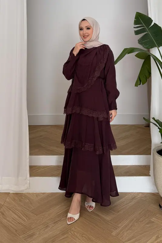 Serena Güpürlü Elbise Bordo
