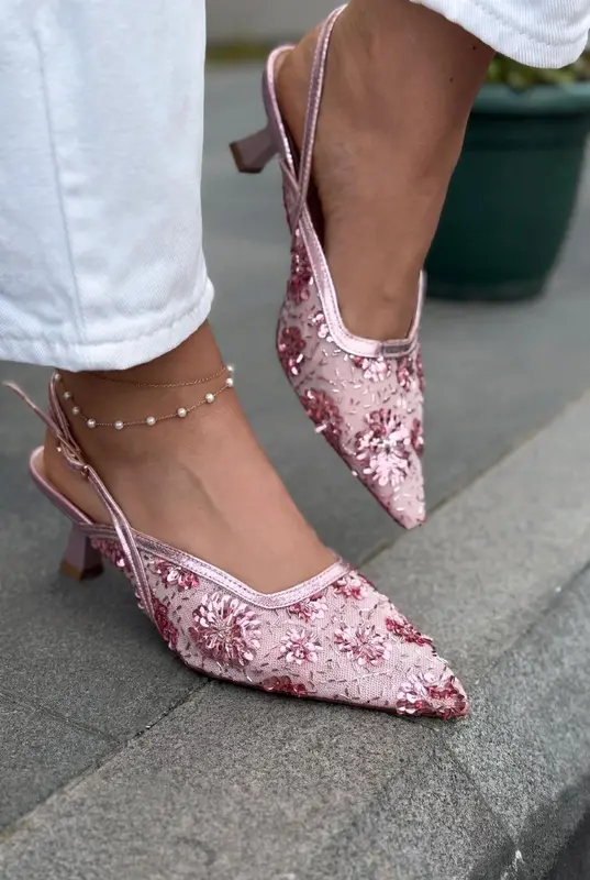 Serona Pembe Nakışlı Kadın Stiletto