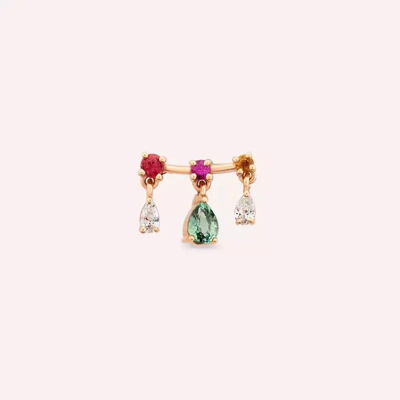 Shake Pırlanta ve Multicolor Safir Taşlı Rose Altın Tek Küpe