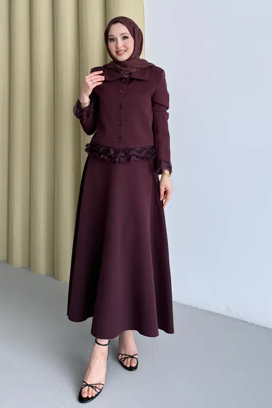 Şifon Detaylı Ceket Takım Bordo