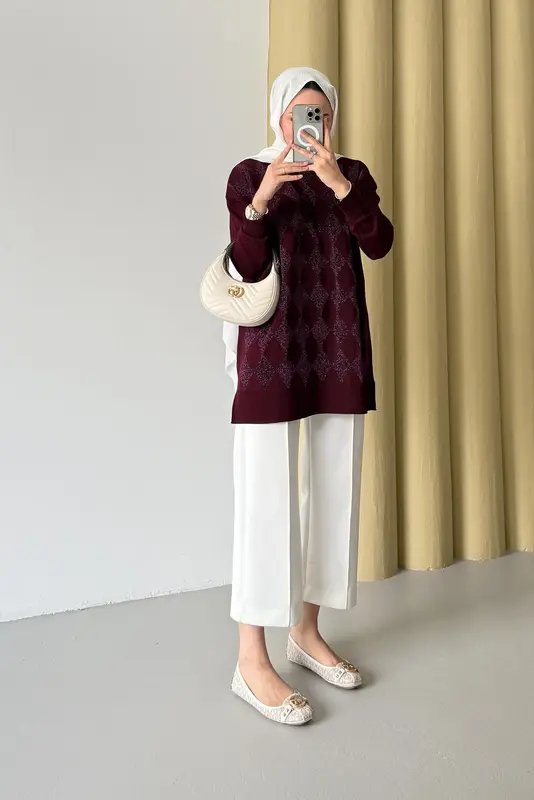 Simli Merserize Tunik Bordo