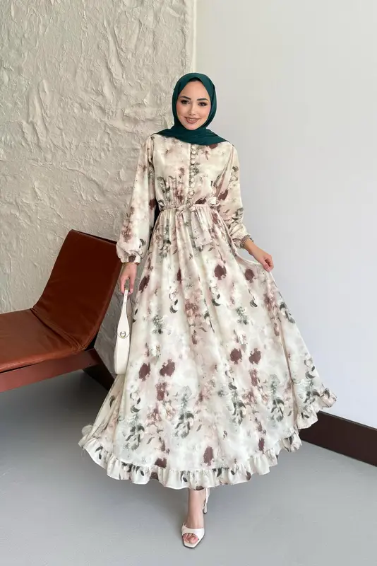 Soft Desenli Elbise Kahverengi