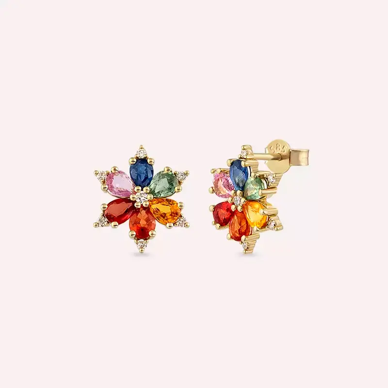 Talia Multicolor Safir ve Pırlanta Taşlı Sarı Altın Küpe