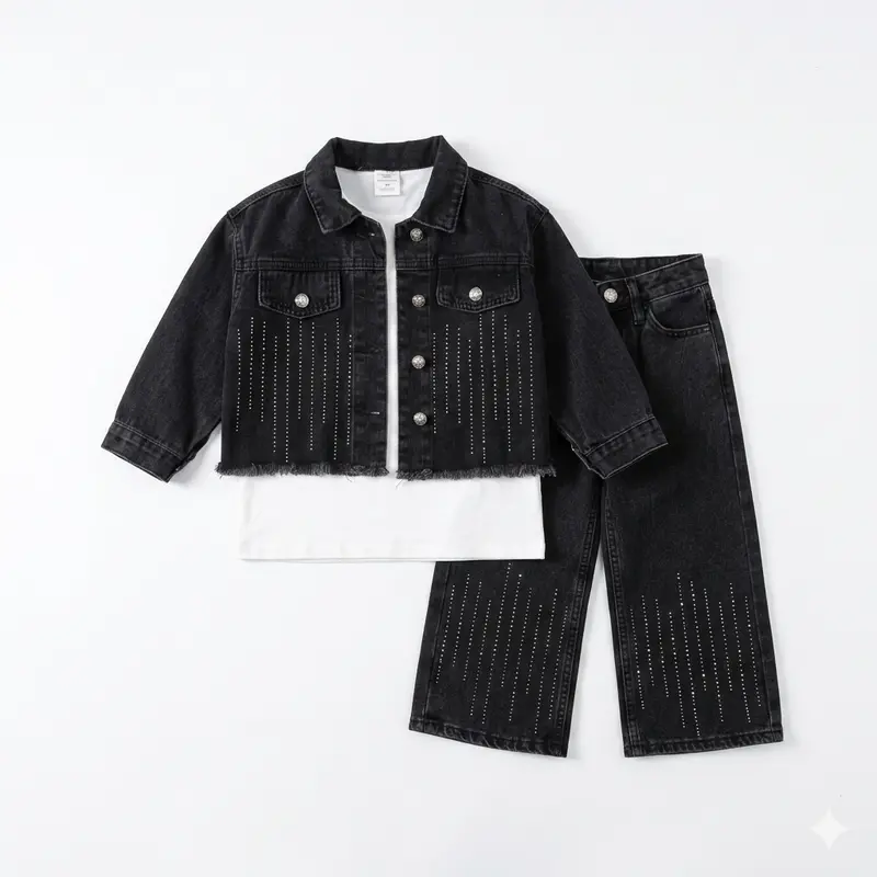 Taş Detaylı Siyah Denim 2’Li Kız Çocuk Takım