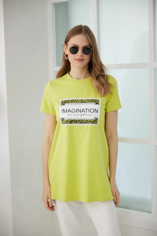TAŞLI BASKILI TSHIRT Lime