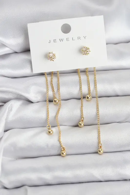 Topçuk Model Gold Renk Pirinç Sallantılı Kadın Küpe Seti