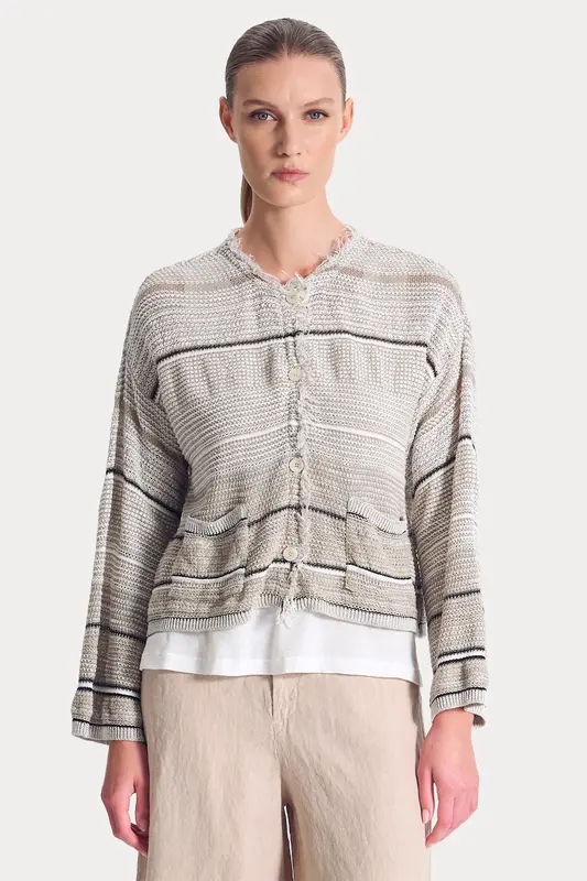 Transit Relaxed Fit Çizgili Keten Triko Ceket