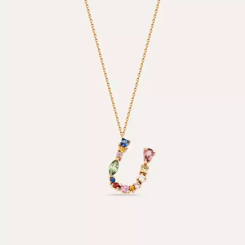 U Harf Multicolor Safir ve Brown Pırlanta Taşlı Rose Altın Kolye