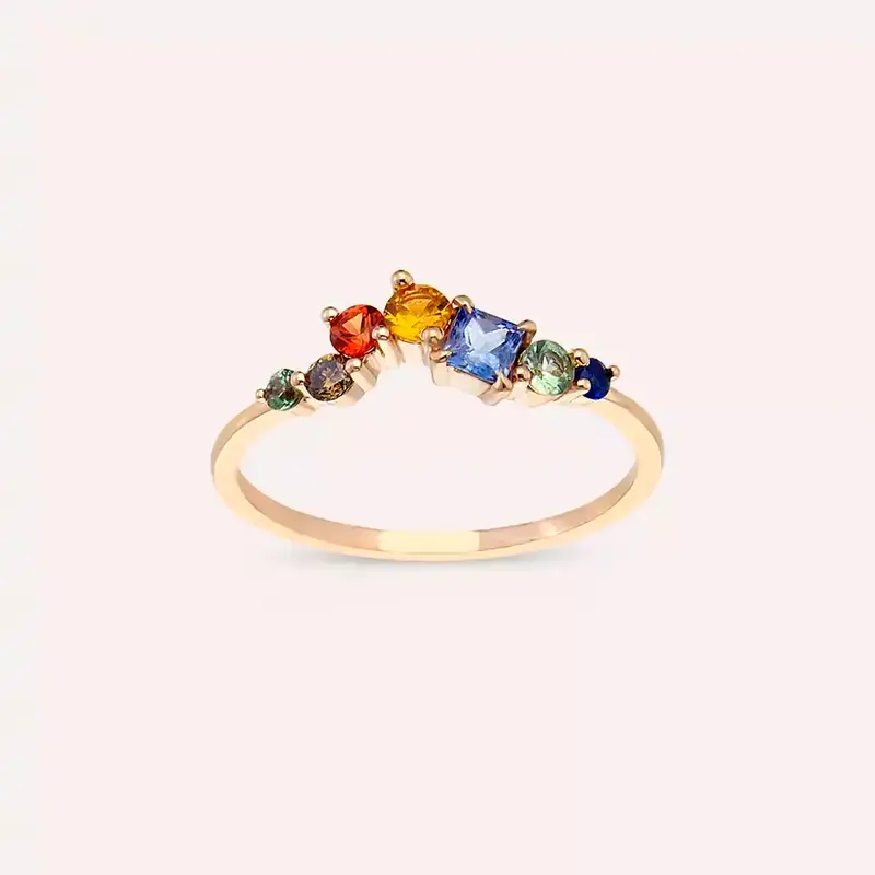 Violet 0.64 CT Brown Pırlanta ve Multicolor Safir Taşlı Rose Altın Yüzük