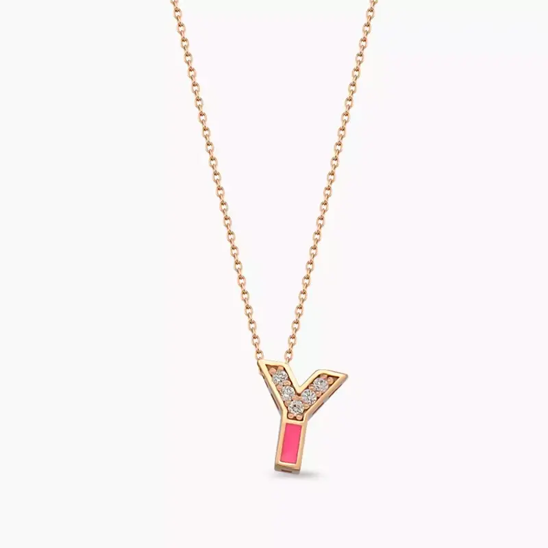 Y Harf Pırlanta Taşlı ve Pembe Mineli Rose Altın Kolye