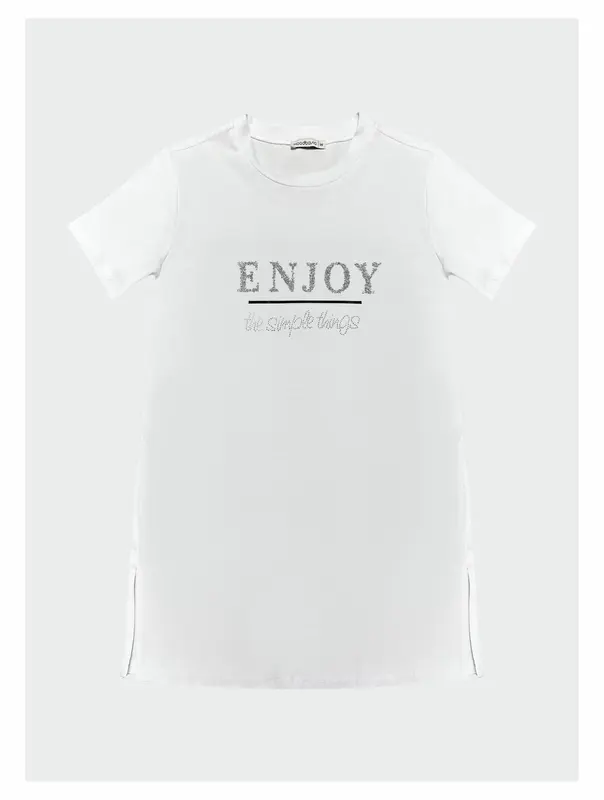 YAZILI TAŞLI BASKILI T-SHIRT Beyaz