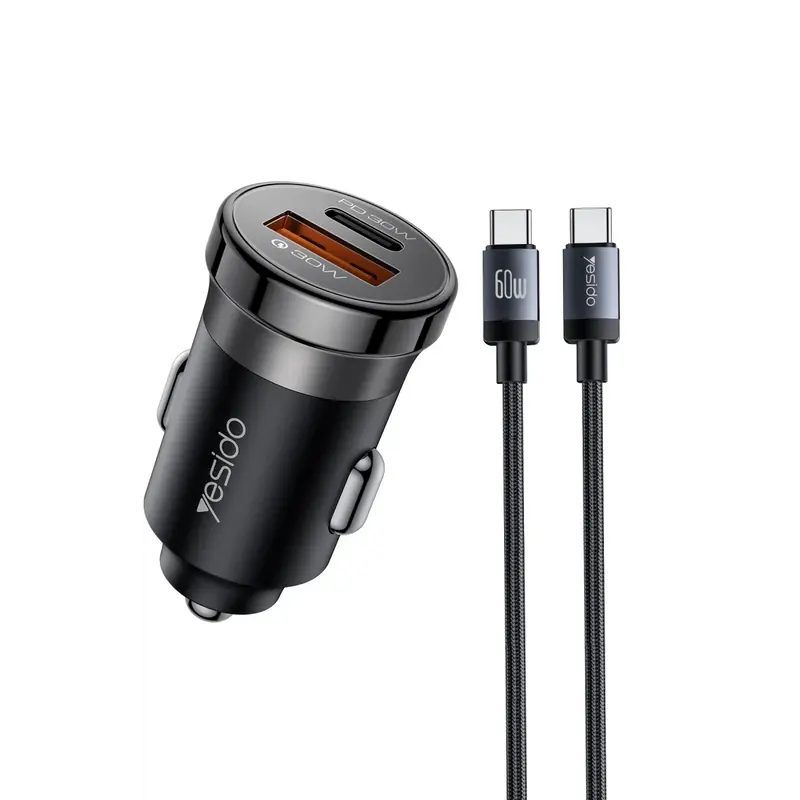 Yesido Y72 1 Adet 30W Type C ve 1 Adet 30W USB Çıkışlı PD Hızlı Araç Şarj Cihazı - Siyah