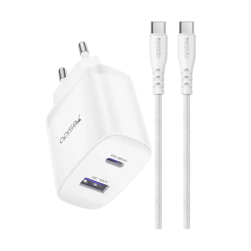 Yesido YC108 35W USB-A ve Type-C Çıkışlı ve 1M Type-C to Type-C Kablolu PD Şarj Cihazı - Beyaz