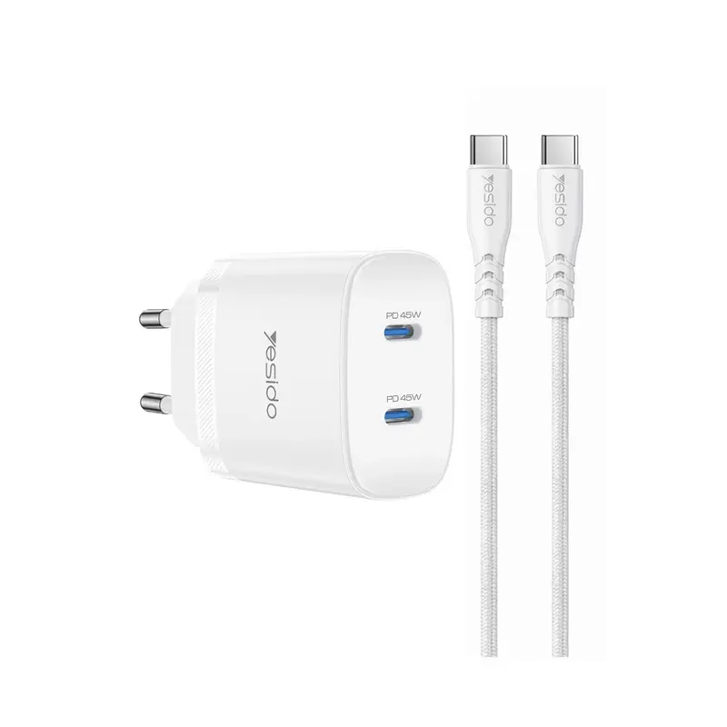 Yesido YC109 45W Çift Type-C Çıkışlı ve 1M Type-C to Type-C Kablolu PD Şarj Cihazı - Beyaz