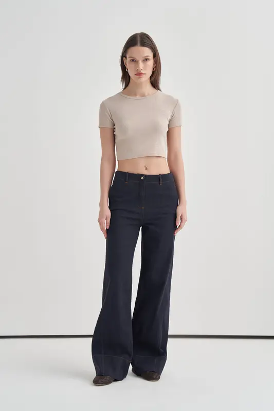 Yüksek Bel Geniş Paça Denim Pantolon